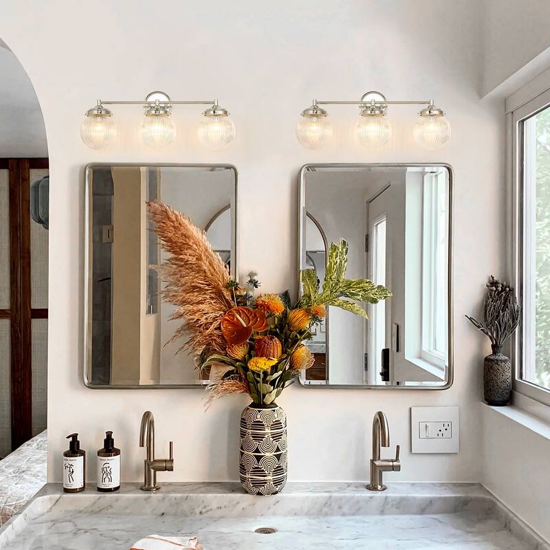 3-Light Modern Linear Ribbed Clear Glass Globe Bubble Bathroom Vanity Light over Mirror - 24.4 in. W x 9.6 in. H x 6.6 in. D