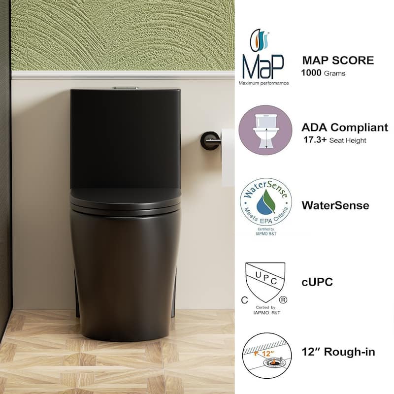 1.1/1.6 GPF Tornado Flush One-Piece Toilet,Siphonic S-trap 12",Elongated Bowl with Soft Close Seat,Chair Seat ADA Height 17"
