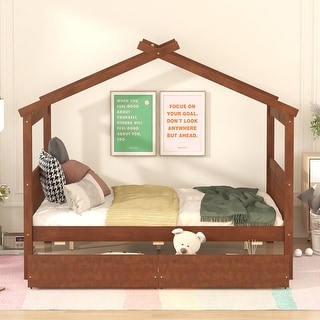 Full-Size Wooden House Bed with Drawers, Pine Wood Frame for Kids' Bedroom