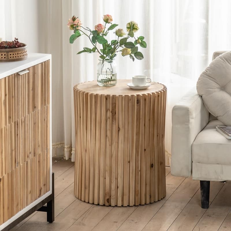 Retro Cylindrical Coffee Table with Vertical Texture Relief Design for Living Room,Office,and Dining Room