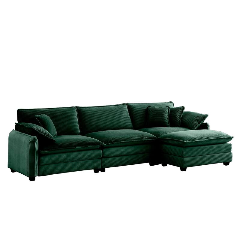 150.38" Modern L-Shaped Modular Sectional Sofa for Living Room, Corduroy Oversized 3-Seater Couch with Movable Ottoman