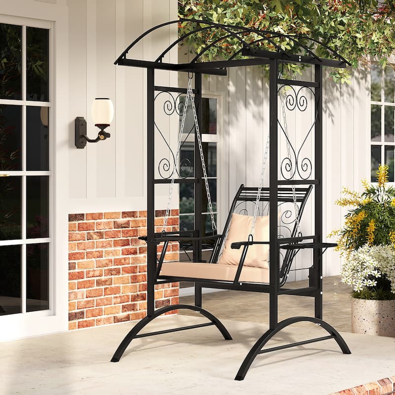 Gymax Outdoor Porch Swing w/Stand & 2 Trellises Removable Cushions for