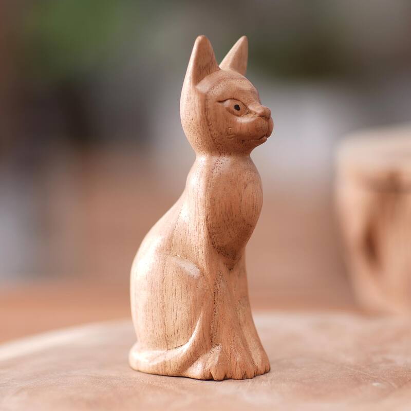 Novica Handmade Cunning Cat Wood Sculpture