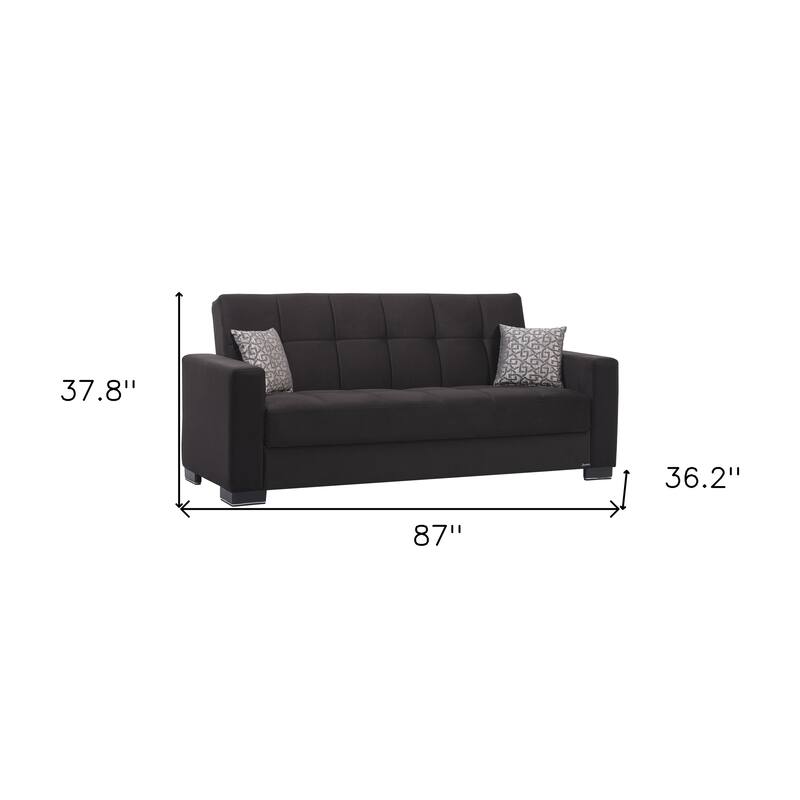 HomeRoots 87" Black Microfiber Convertible Futon Sleeper Sofa And Toss Pillows With Storage