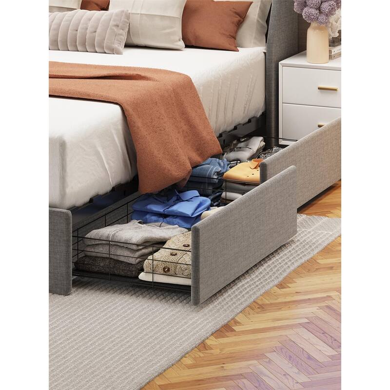 Stripe Upholstered Platform Bed with Wingback LED Headboard & 4 Large Capacity Sliding Drawer, Steel Slat Support Bed Frame