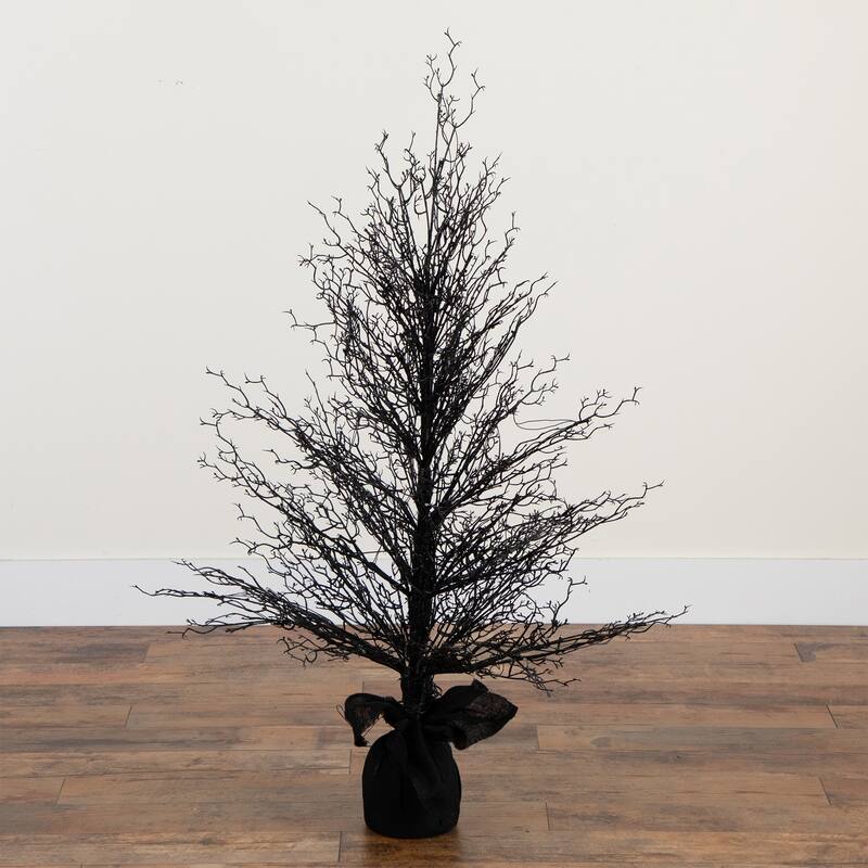 LED Lights Black Twig Artificial Halloween Tree with Burlap Base - 4' - Warm White - 3-to-6-feet