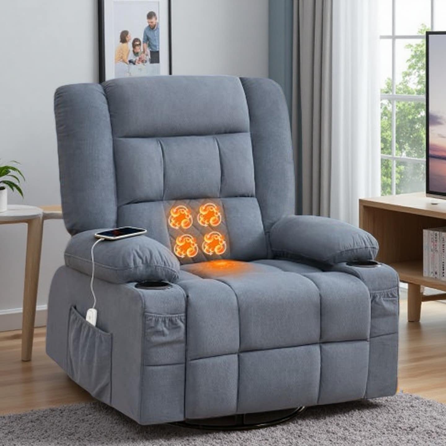 3D Kneading Massage Recliner Chair with Heat, Rocking & 360° Swivel, Adjustable Backrest, USB Charging Port, Cup Holders