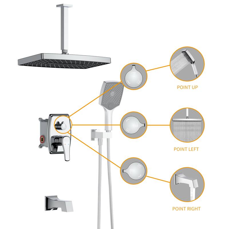 GIVINGTREE 3 Spray 14" Rectangular Ceiling Shower Head with Hand Shower & Tub Spout