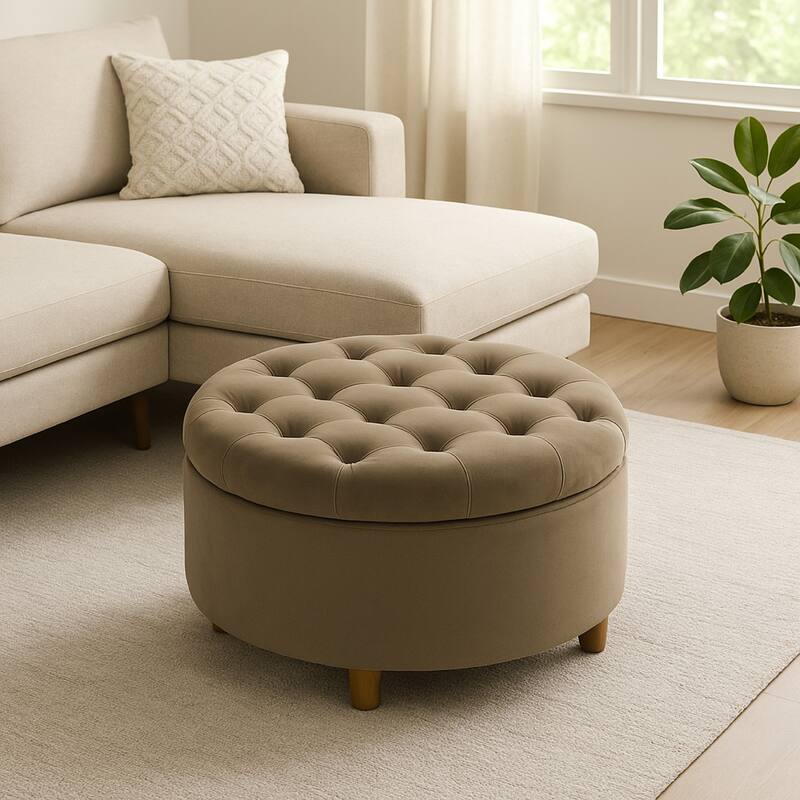 Jo Storage Ottoman, 28 Inch Round Tufted Lift Top, Sage Green Velvet