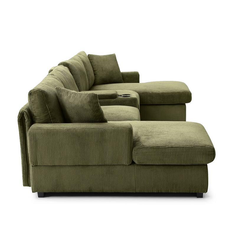 Modern Memory Foam Couch Corduroy U-shaped Sectional Sofa with Storage Console, Cup Holders and USB Ports for Living Room