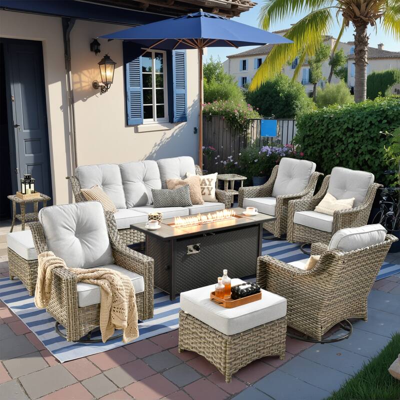 HOOOWOOO 10-piece Wicker Outdoor Patio High Back Swivel Chair Set with Fire Pit