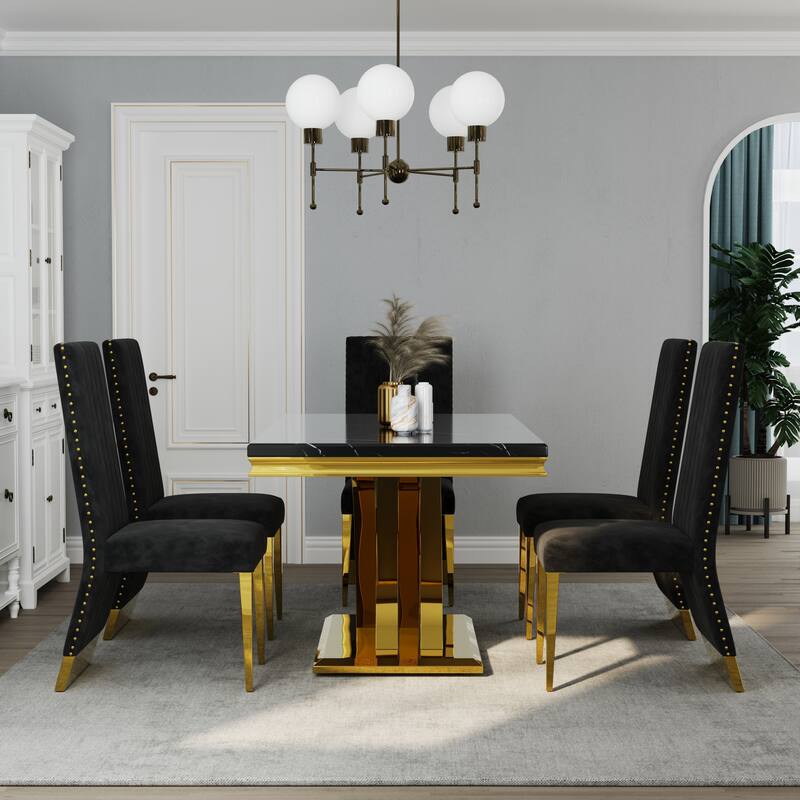 Stylish Modern X Cross Base Dining Room Table Set with Gold Dining Chairs