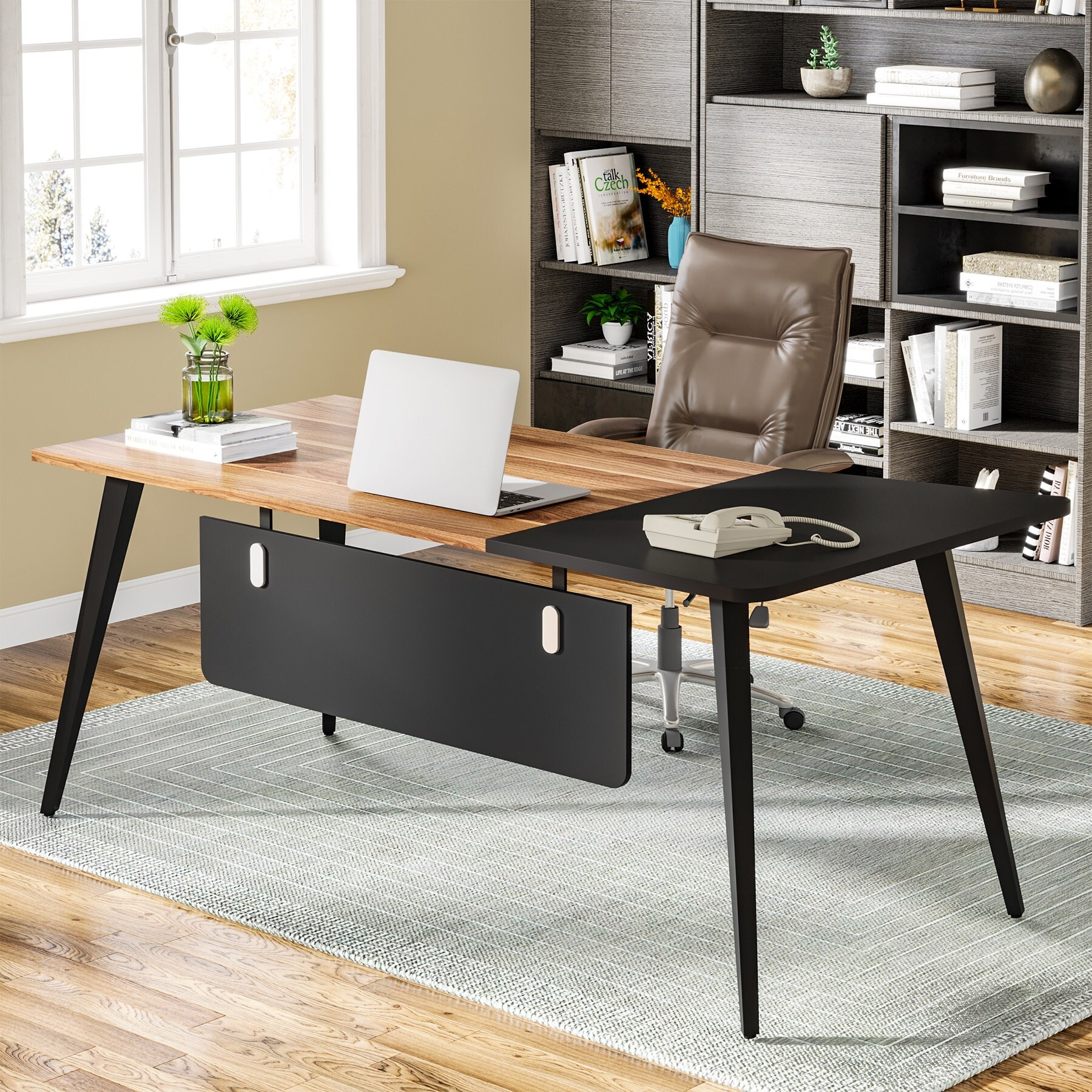 Tribesigns 70.8 Inch Modern Executive Desk, Large Workstation Office  Computer Table, Modern Simple Business Study Writing Desk Furniture for  Home Office, Black and Brown 