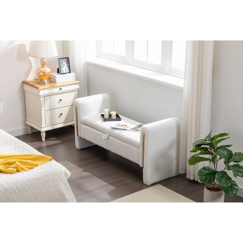 53" Storage Bench, Teddy Fabric Entryway Bench Upholstered Ottoman Bench with Gold Metal Trim Strip for Bedroom