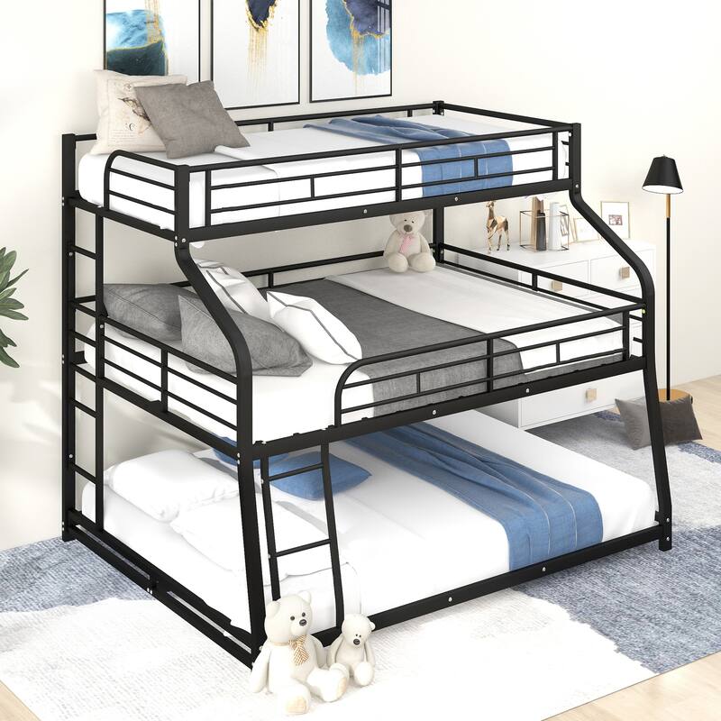 Twin XL Over Full XL Over Queen Triple Bunk Bed 3-tier Metal Bedframe with Long and Short Ladder and Full-Length Guardrails - Black - Queen