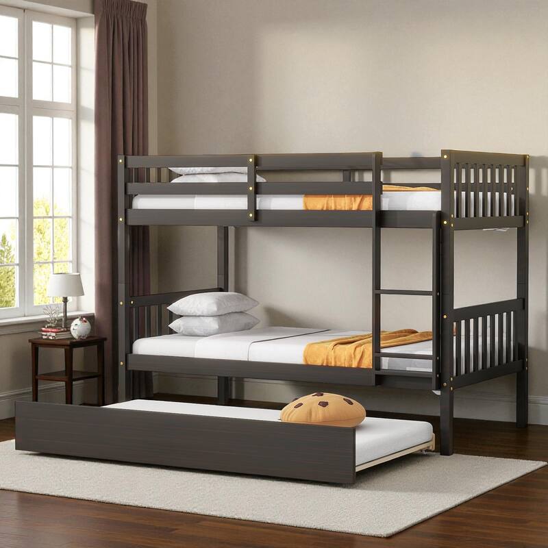 Twin Over Twin Rubber Wood Bunk Bed with Trundle, Convertible into Twin Beds, Ladder and Safety Guardrails