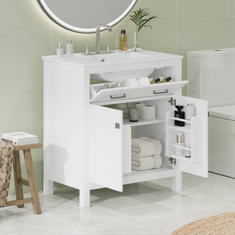 30 Inch Single Sink Bathroom Vanity Cabinet, Solid Wood Frame - 30 Inch - White