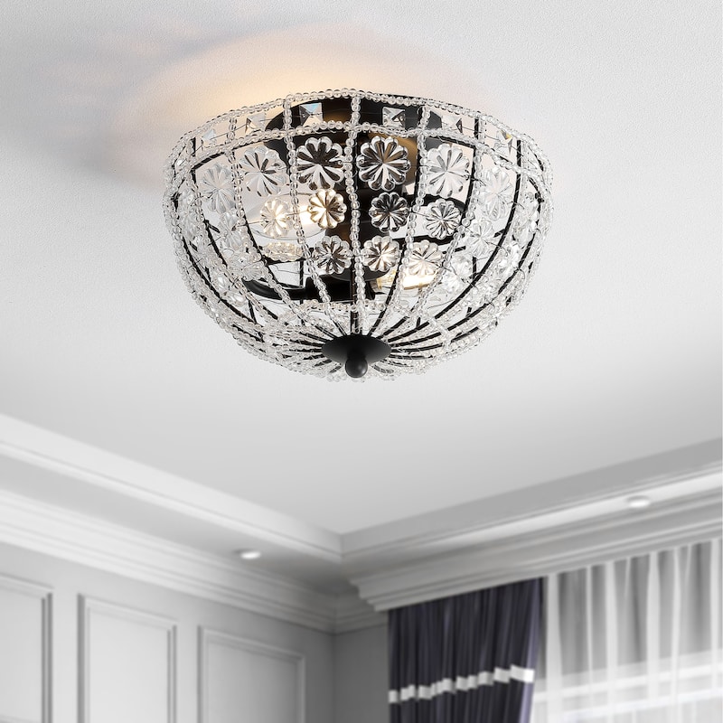 Leila 12" Crystal Flower Metal/Acrylic LED Semi-Flush Mount, Black/Clear by JONATHAN Y