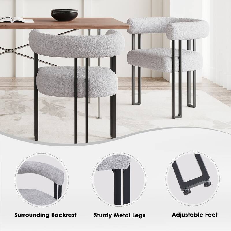 Set of 2 Upholstered Dining Arm Chairs, Bouclé Fabric Accent Chairs with Metal Frame, with Cushioned Seat & Back