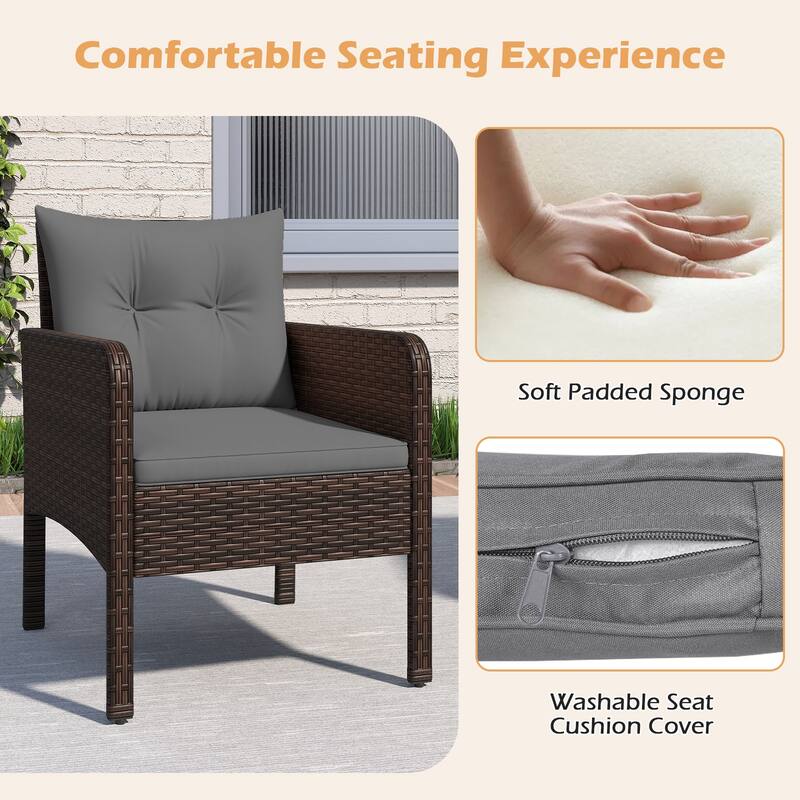 Gymax 3 PCS Patio PE Wicker Furniture Set w/Cushions & Tempered Glass