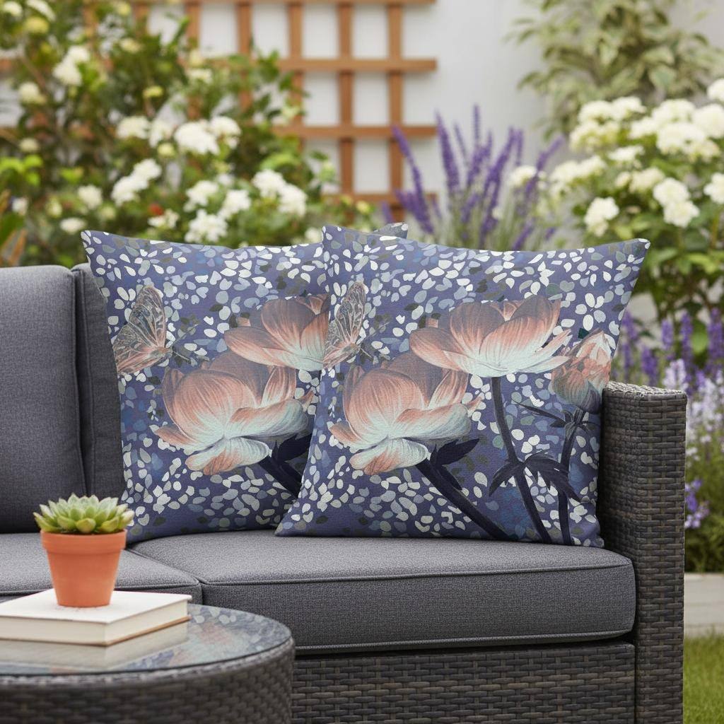 HomeRoots Set of Two 16" X 16" Blue and Gray Butterfly Blown Seam Floral Indoor Outdoor Throw Pillow - 16.00' X '16.00' X '5.00