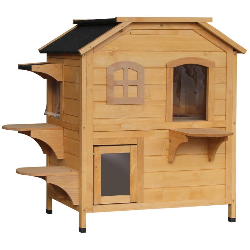 2-Story Outdoor Cat House with Weatherproof Slanted Roof and Escape Door - Natural Wood