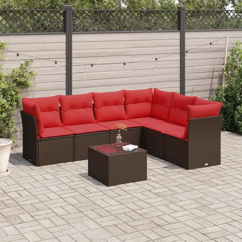 vidaXL 6/7 Piece Patio Sofa Set with Cushions Brown/Gray Poly Rattan - 21.7 x 24.4 x 27.2 - Brown and red With table