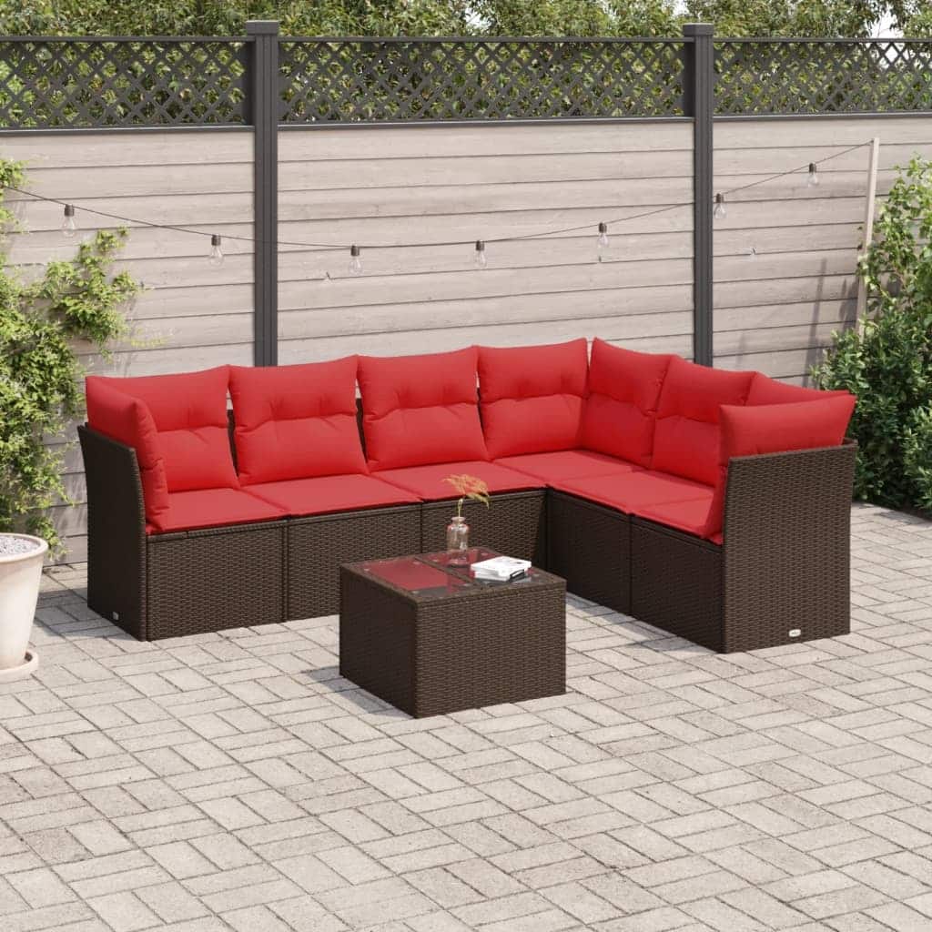 vidaXL 6/7 Piece Patio Sofa Set with Cushions Brown/Gray Poly Rattan - 21.7 x 24.4 x 27.2