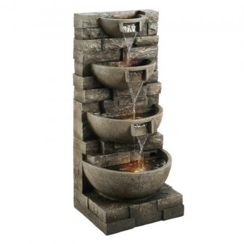 Gray 4-Layer Outdoor Water Fountain for Patio Garden Yard with Soothing Flow and LED Lighting - 15.16 x 13.19 x 35.63 in