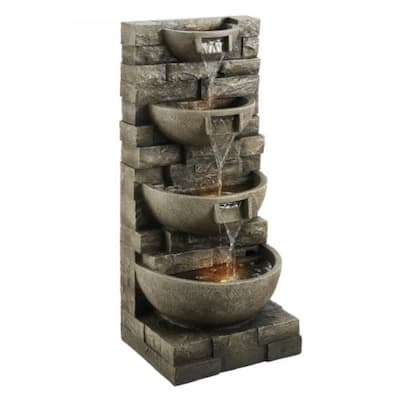 Gray 4-Layer Outdoor Water Fountain for Patio Garden Yard with Soothing Flow and LED Lighting - 15.16 x 13.19 x 35.63 in