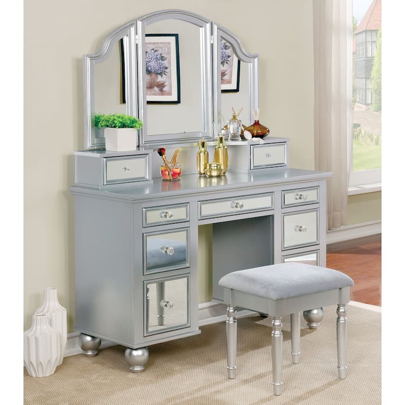 Furniture of America Nena Glam Wood 3-Piece Makeup Vanity Set with Tri-fold Mirror - Silver