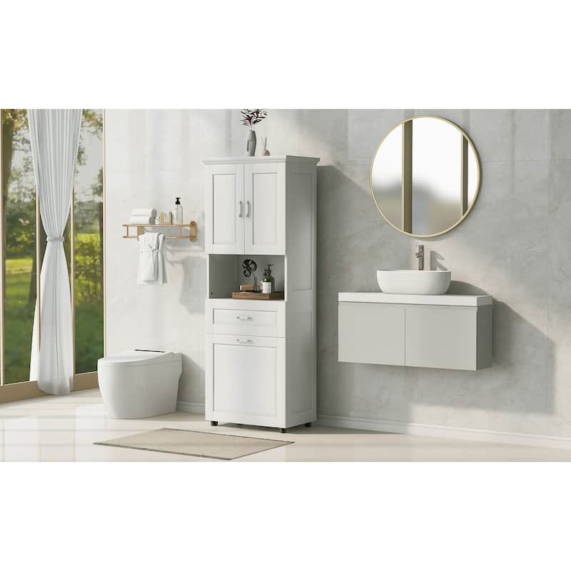 Roomfitters Tall Bathroom Cabinet with Tilt-Out Laundry Basket and Upper Storage Compartment Large Organizer