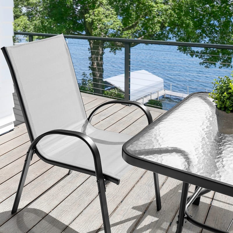 5-Piece Outdoor Dining Set, Textilene Stackable Chairs ang Square Table with Umbrella Hole