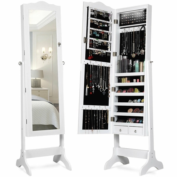 Gymax Mirrored Jewelry Cabinet Armoire Storage Organizer w ...