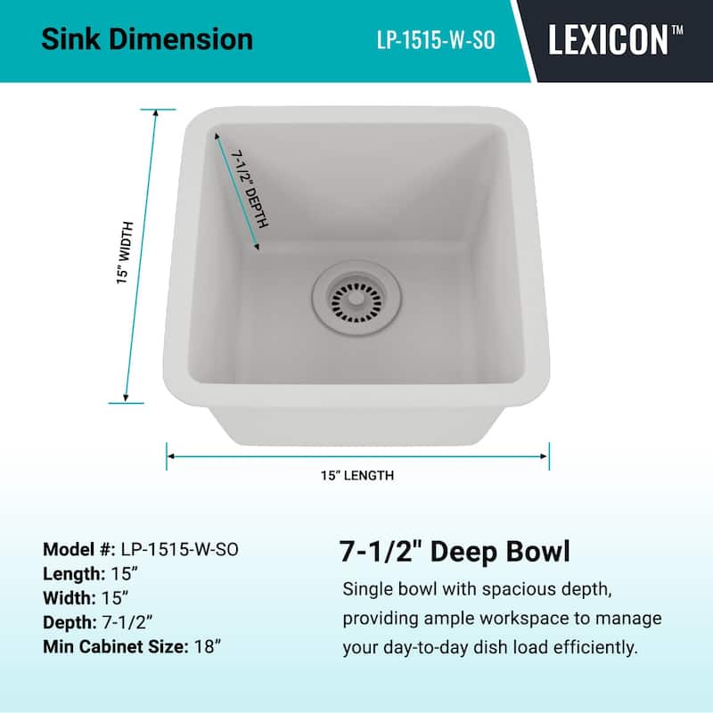15 Inch Lexicon Platinum Quartz Composite Drop-in Undermount Single Bowl Galaxy White Kitchen Sink LP-1515-W-SO - 15x15