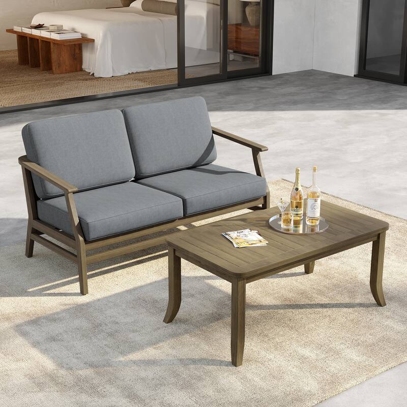 Outdoor Loveseat Sofa with Coffee Table Teak Wood Patio Furniture