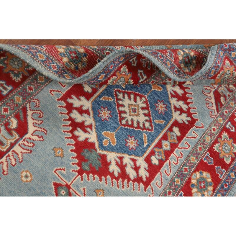 Light Blue Geometric Kazak Rug Hand-Knotted Wool Carpet - 3'1" x 5'3"