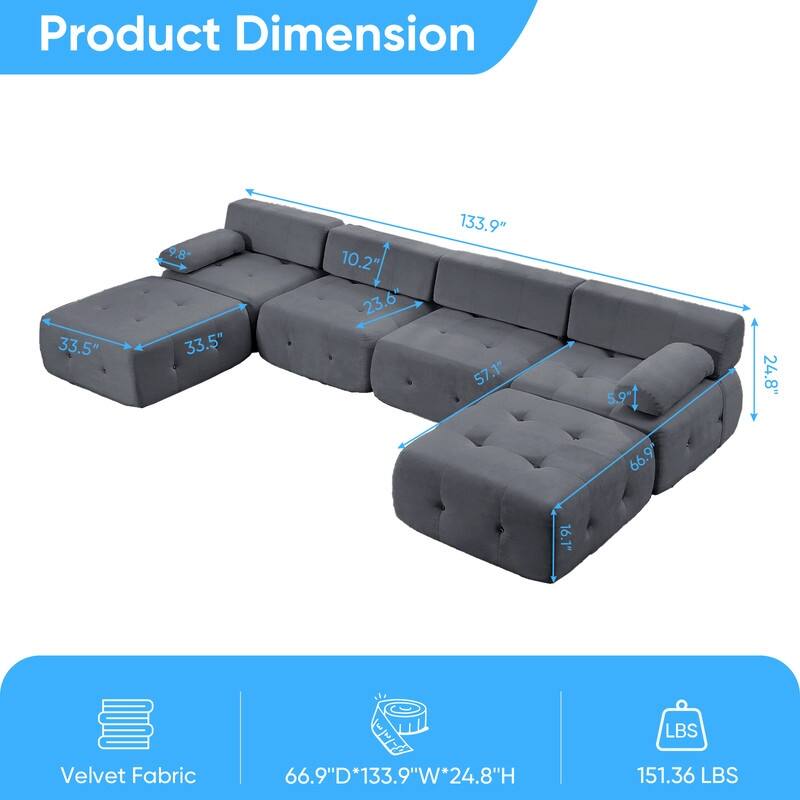 Mixoy Modular 134inch Modular Sectional Sofa with 2 Ottoman,Velvet U-Shaped Couch for Living Room - 133.9"w x 66.9"D x 24.8"H