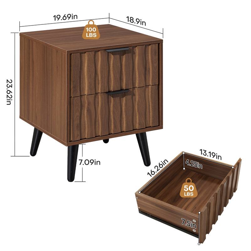 Mid-Century Modern Nightstand, Fluted End Table Drawer & Open Storage