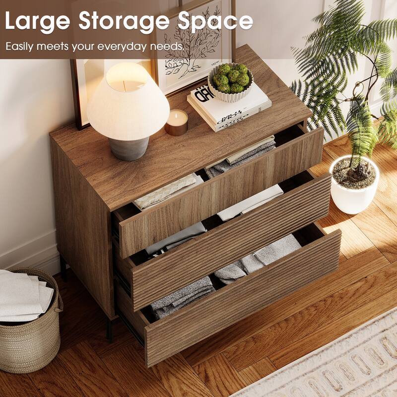 Modern Wood 3-Drawer Dresser With Reeded Design, Minimalist Dresser Organizer Storage