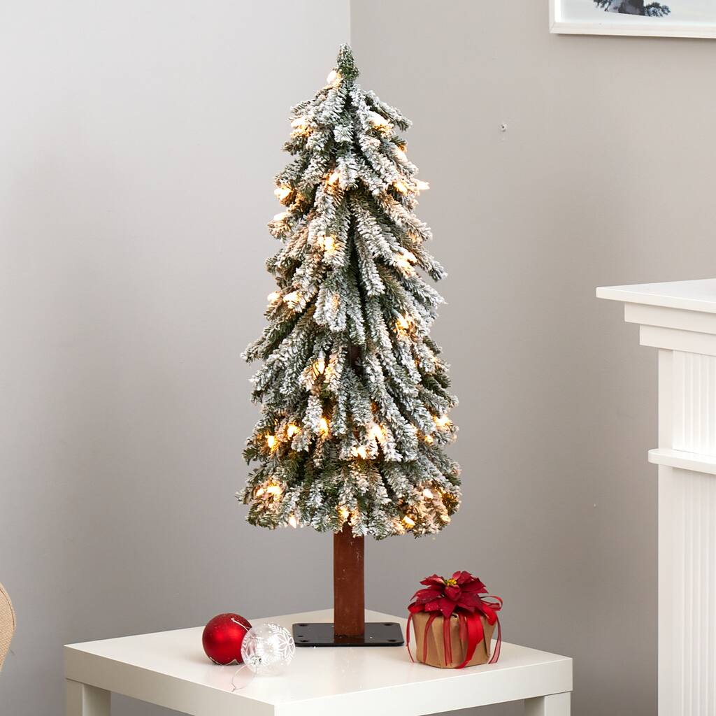 Pre-Lit Medium Flocked Grand Alpine Artificial Christmas Tree - 3’ - Clear LED Lights - 3 Foot