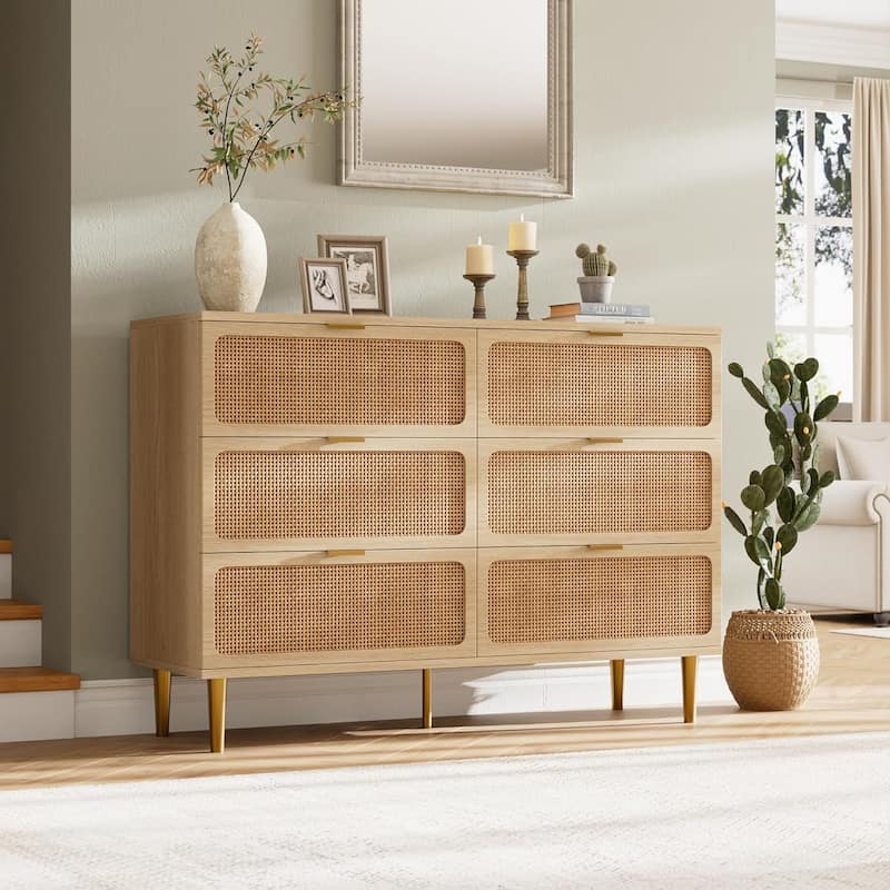 Rattan 6 Drawer Dresser for Bedroom, Double Chest with Deep Drawers and Wide Top for Living Room, Hallway, or Closet