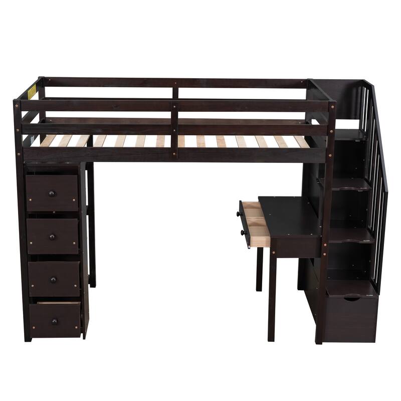 Wood Twin Size Loft Bed with Desk, Storage Stairs, Drawers and Shelves, Solid Wood Twin Bedframe Multi-Functional High Loftbed