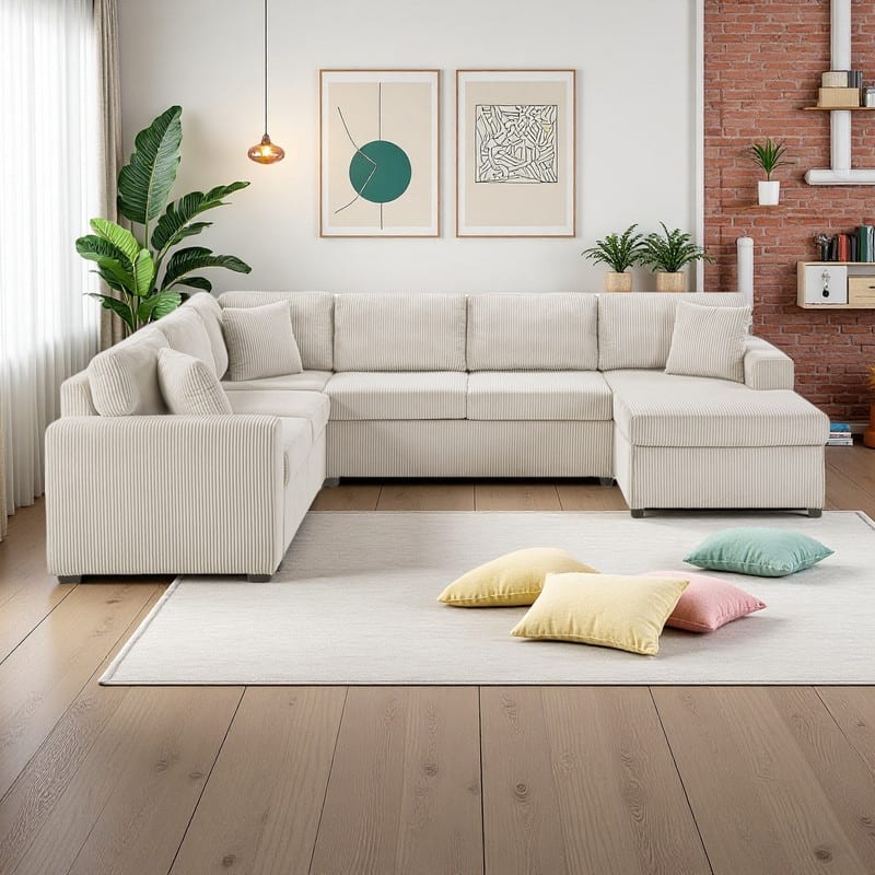 115.3" Corduroy U-Shaped Sectional Sofa with Chaise Lounge and Throw Pillows - Light Gray