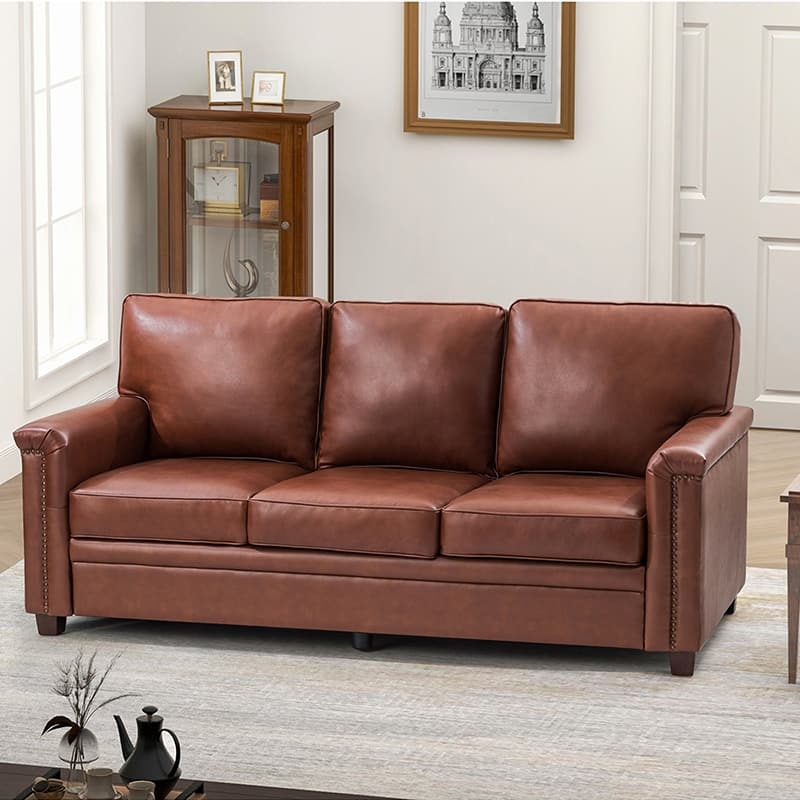Rita Transitional Living Room 3-Seat Genuine Leather Nailhead Sofa with Solid Wood Legs and Removable Cushions