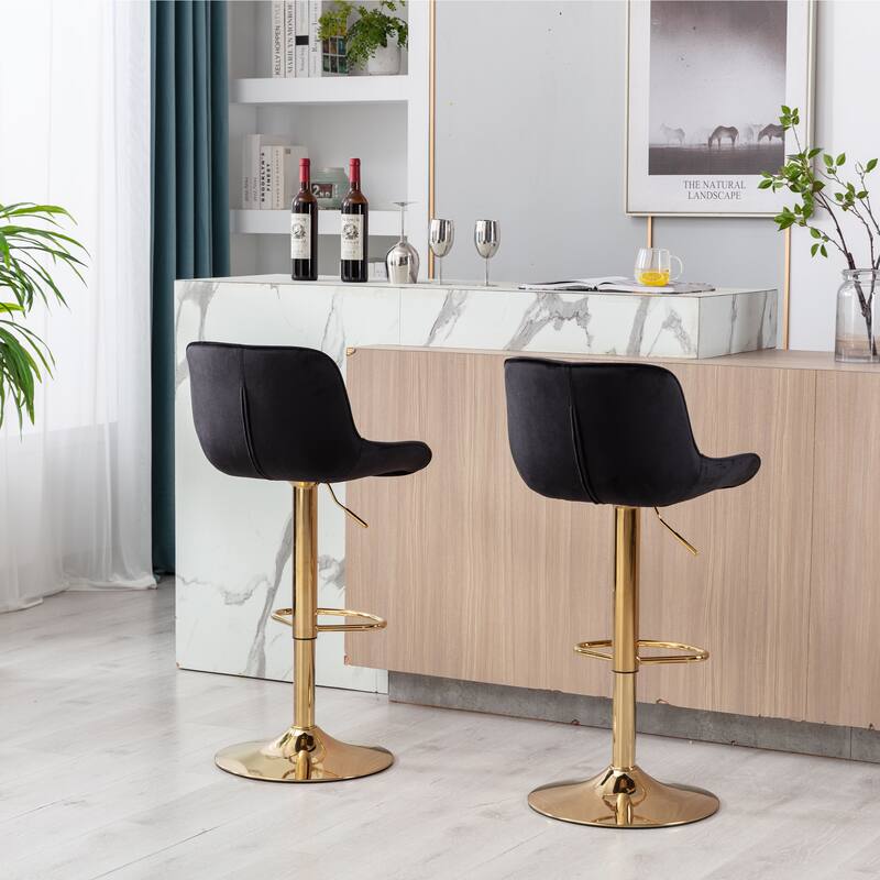2 Velvet Bar Stools with Chrome Footrest and Base Swivel Height Adjustable - N/A