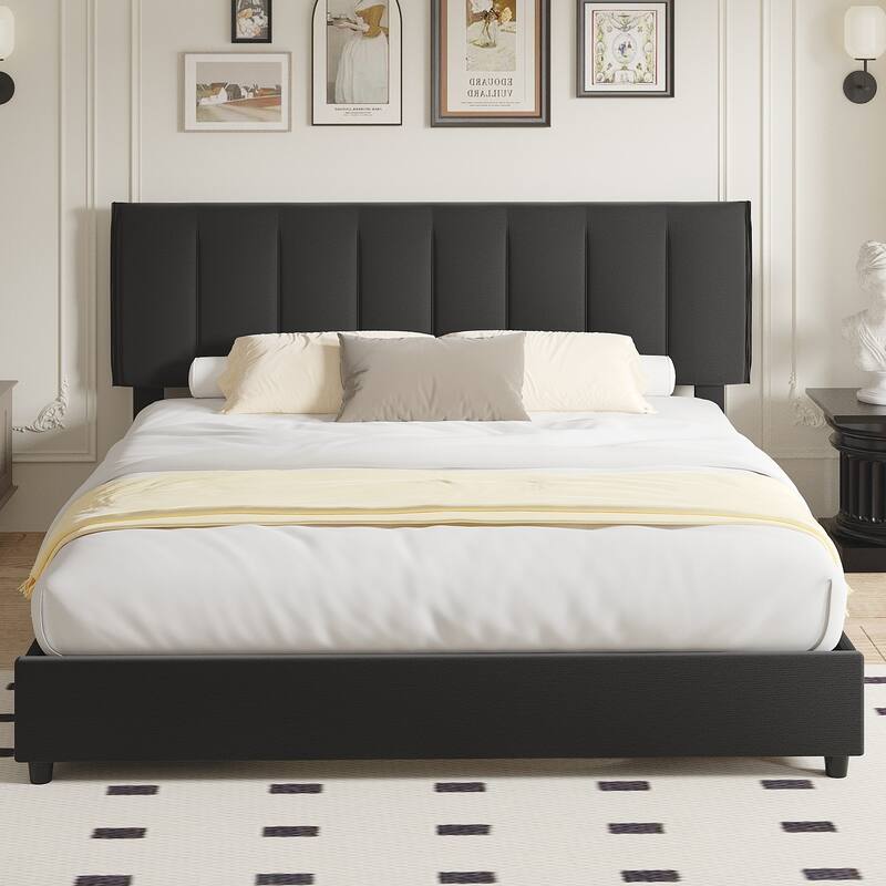Black Bed Frame with 4 Storage Drawers, Upholstered Platform Bed Frame with Adjustable Headboard