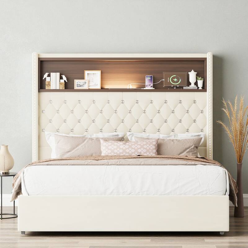 Full/Queen Velvet Tufted Bed Frame with 52" Wingback Headboard, USB Port, Night Light, Rivet Trim & Headboard Shelf