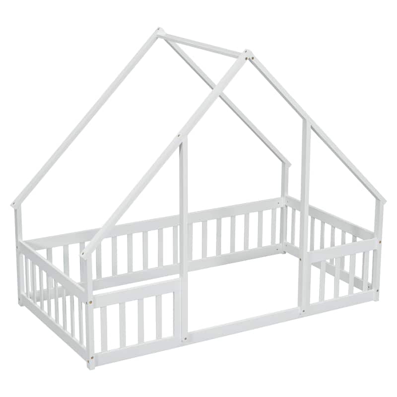Wood House-Shaped Floor Bed with Fence