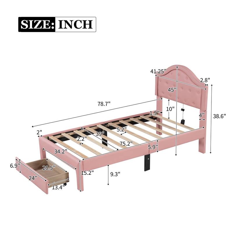 Upholstered Platform Bed with Tufted Headboard, LED and 2 Drawers, Pink